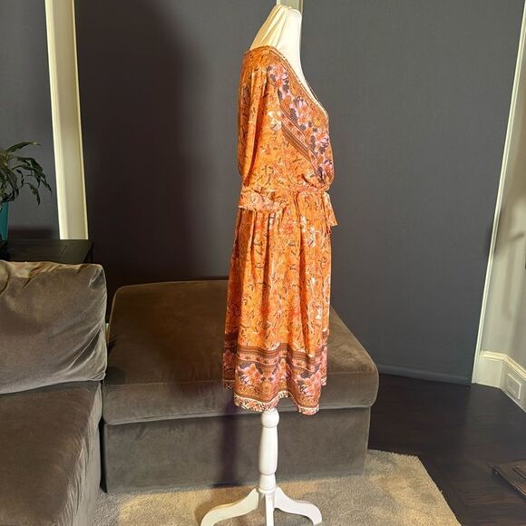 V-Neck Bohemian Orange Floral Print Short Summer Dress Cover Up Size 4XL NEW - Picture 6 of 14